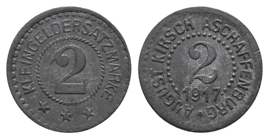  Bayern, Aschaffenburg August Kirsch 1917, Kleingeldersatzmarke, WZ: 2; Menzel 746.2   