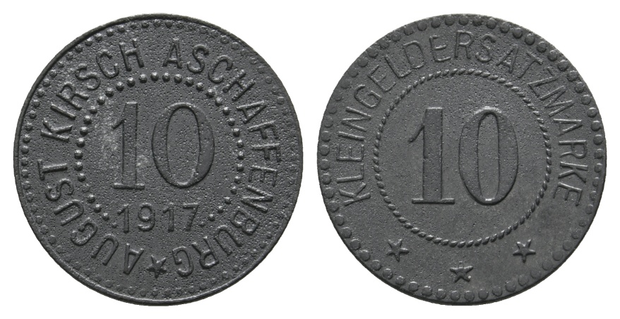  Bayern, Aschaffenburg August Kirsch 1917, Kleingeldersatzmarke, WZ: 10; Menzel 746.4   