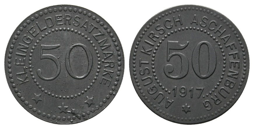  Bayern, Aschaffenburg August Kirsch 1917, Kleingeldersatzmarke, WZ: 50; Menzel 746.5   
