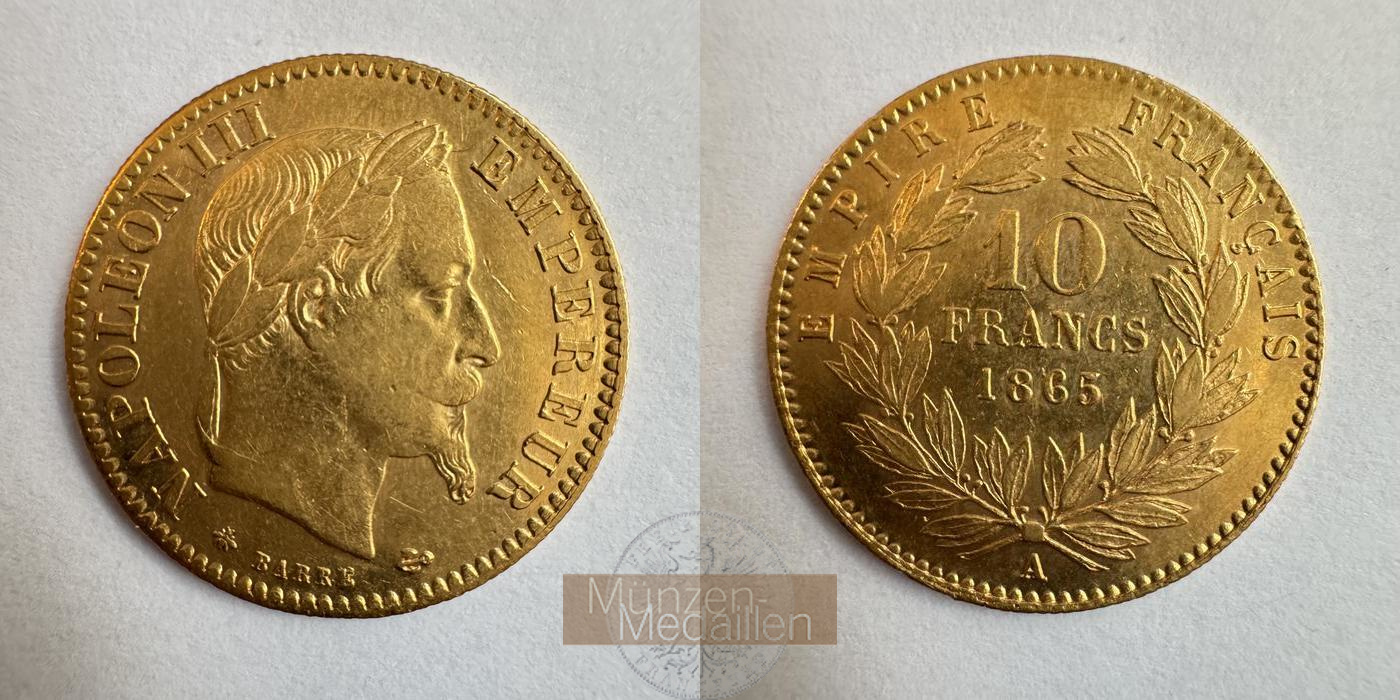Frankreich Napoleon III MM-Frankfurt KM#800 Feingewicht: 2,9g 10 Francs 1865 A (1861-68) 