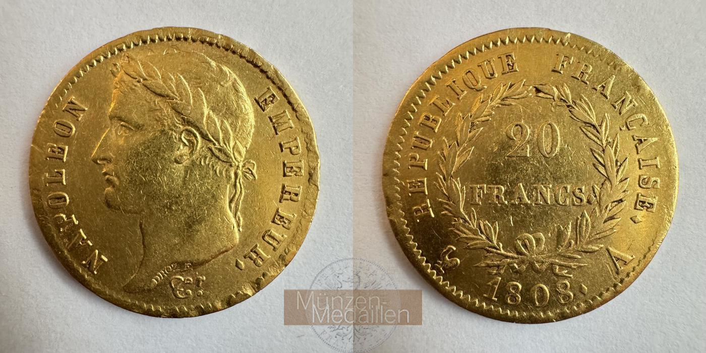  Frankreich 20 Francs Napoleon I 1808 (1807-08) 'A' mit Huhn MM-Frankfurt KM#687 Feingold: 5,8g   