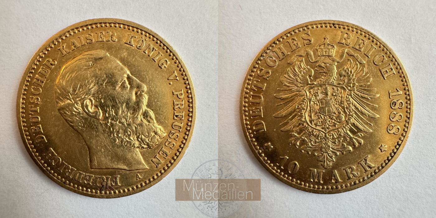  Dt. Kaiserreich Preussen, 10 Mark 1888 Friedrich III 'A' MM-Frankfurt KM#514 Feingold: 3,584g   