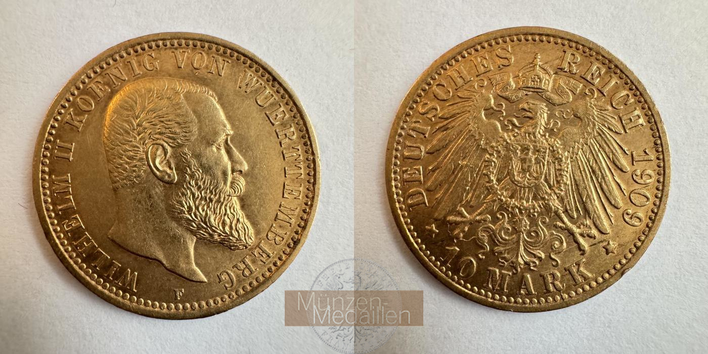 Dt. Kaiserreich Württemberg, Wilhelm II MM-Frankfurt KM#633 Feingold: 3,58g 10 Mark (1893-1913) 1909 F 