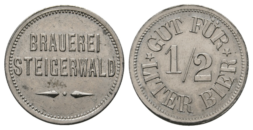  Bayern, Aschaffenburg, Brauerei Steigerwald, Gut für 1/2 Liter Bier; Menzel 762.1   