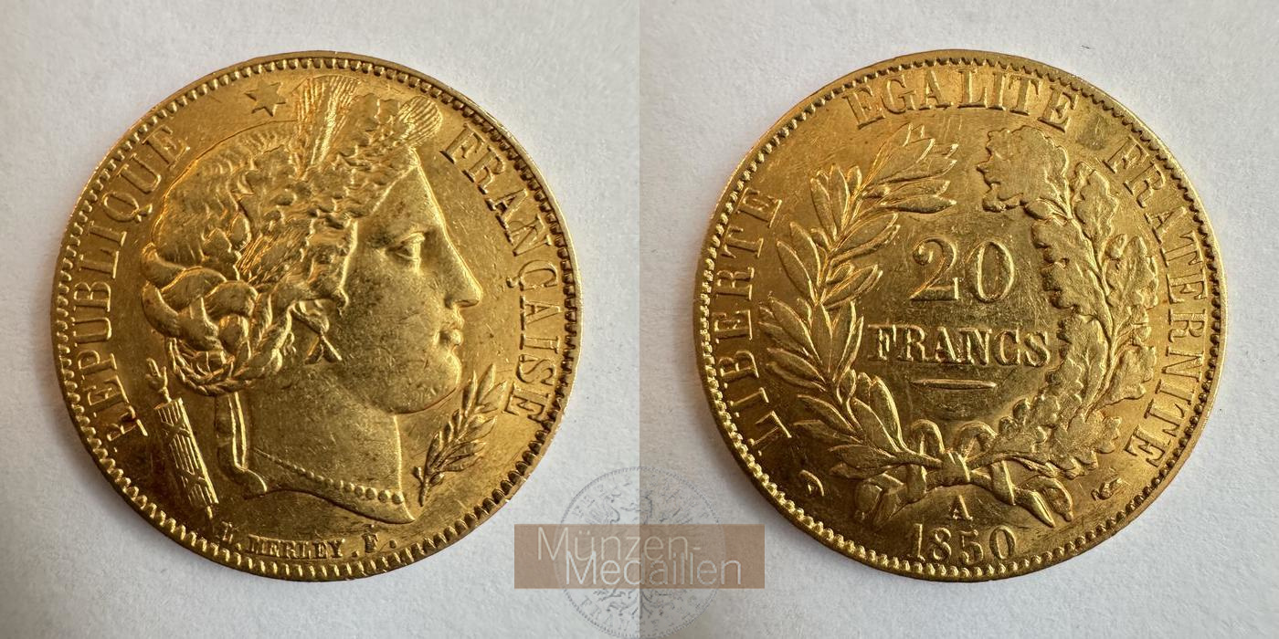  Republik Frankreich, 20 Francs 1850 A (1849-1851) MM-Frankfurt KM#762 Feingold: 5,81g   