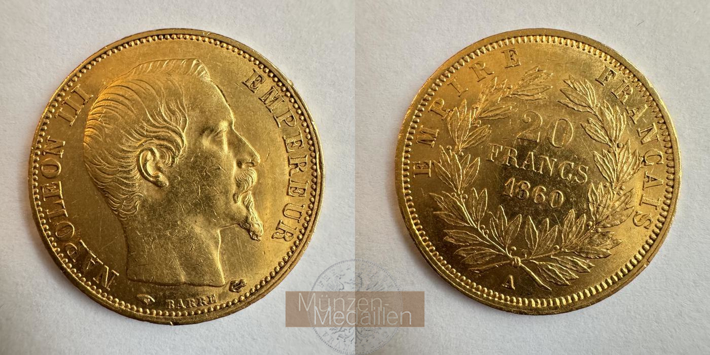 Frankreich, Napoleon III MM-Frankfurt KM#781 Feingold: 5,81g 20 Francs (1853-1860) 1860 A 