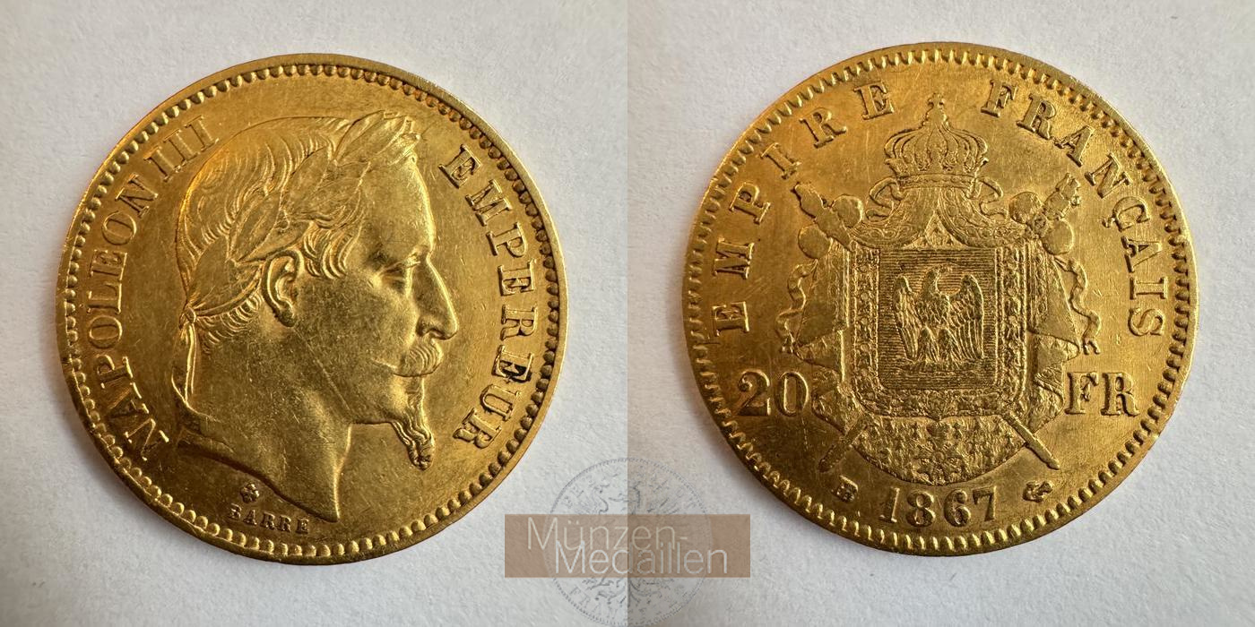 Frankreich Napoleon III MM-Frankfurt KM#801 Feingold: 5,81g 20 Francs (1861-1870) 1867 