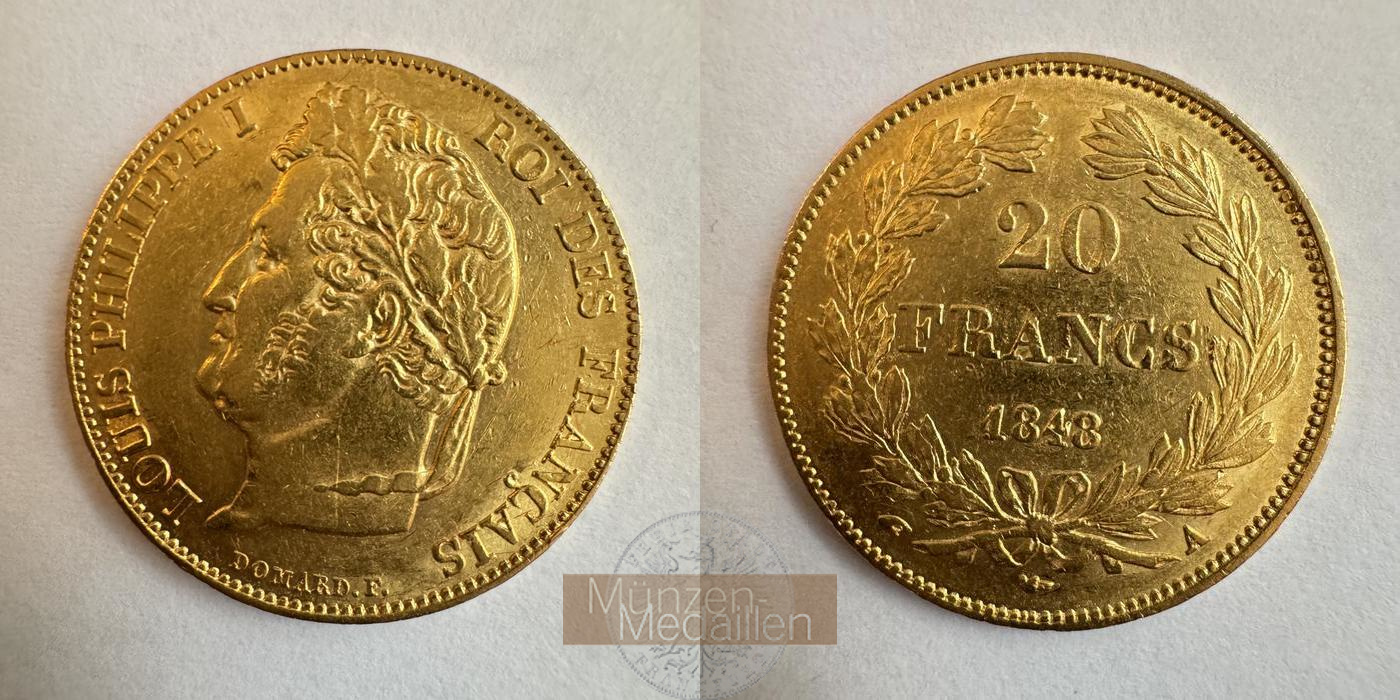  Frankreich 20 Francs Louis-Philippe I 1848 'A' (1832-48) MM-Frankfurt Feingold: 5,8g   