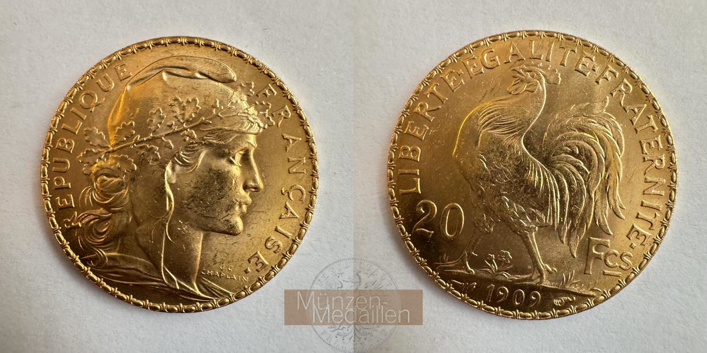  Republik Frankreich, 20 Francs 1909 (1907-1914) MM-Frankfurt KM#857 Feingold: 5,81g   