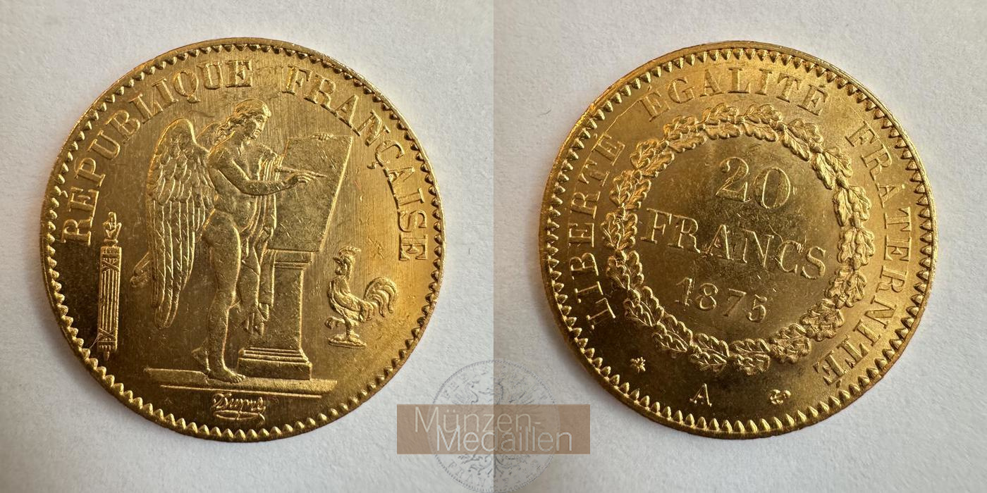 Republik Frankreich, 20 Francs 1875 A (1871-1898) MM-Frankfurt KM#825 Feingold: 5,81g   