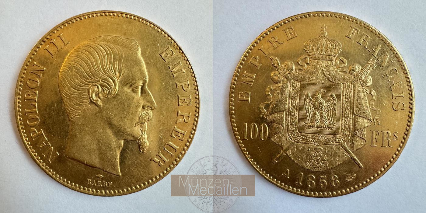  Frankreich 100 Francs Napoléon III 1858 'A' (1855-59) MM-Frankfurt KM#786 Feingold: 29,03g   