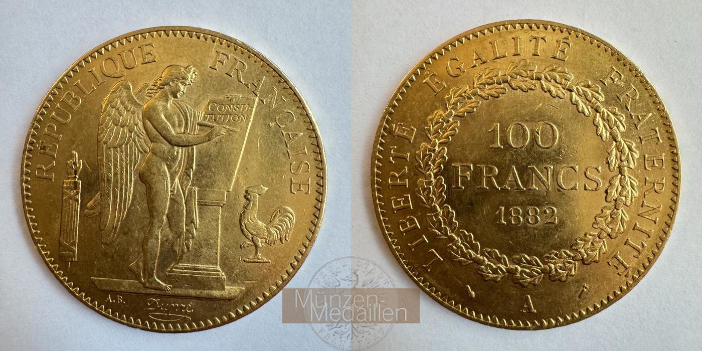  Frankreich 100 Francs 1882 'A' (1878-1906) MM-Frankfurt KM#832 Feingold: 29,03g   