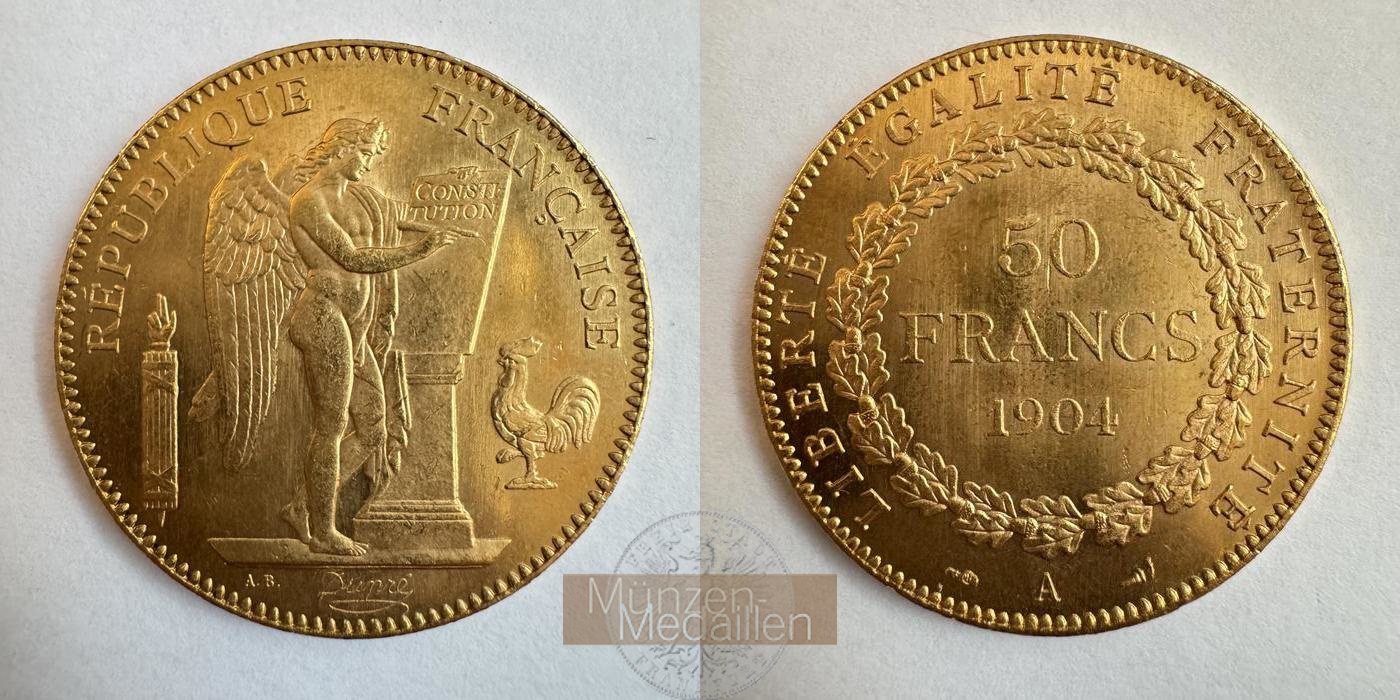  Frankreich 50 Francs 1904 'A' (1878-1904) MM-Frankfurt KM#831 Feingold: 14,52g   