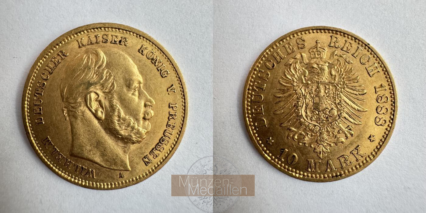 Preussen, Kaiserreich  10 Mark MM-Frankfurt KM#504 Feingold: 3,58g Wilhelm I 1888 A (1874-18) 