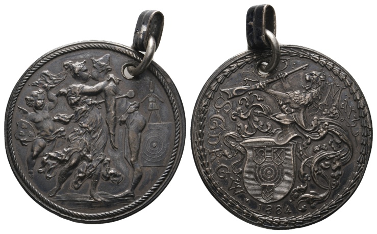  Schützenmedaille 1884; Silber, gehenkelt, tragbar, 21,25 g; Ø 41,5 mm   