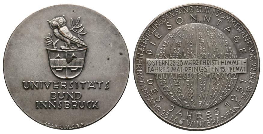  Österreich, Kalendermedaille 1951; versilberte Bronze, 21,56 g; Ø 40 mm   