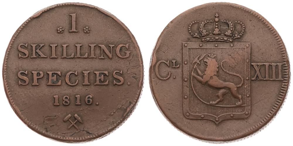  Norway, Kingdom, Carl XIII, 1 Skilling Species Copper 1816, Crowned shield and monogram, KM 284, VF   