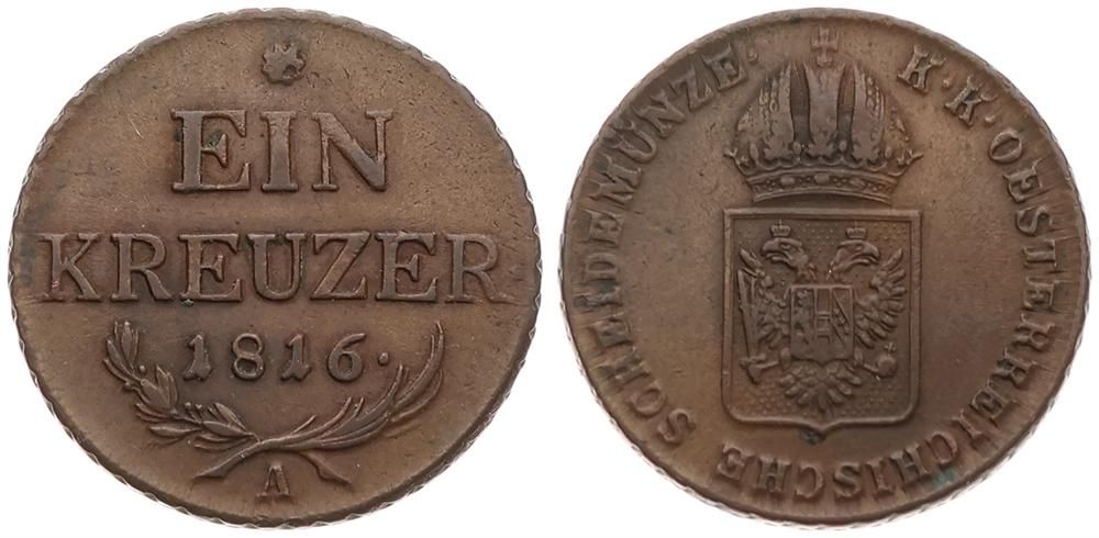  Austria, Empire, Franz II, 1 Kreuzer Copper 1816A, Crowned arms, KM 2113, XF   
