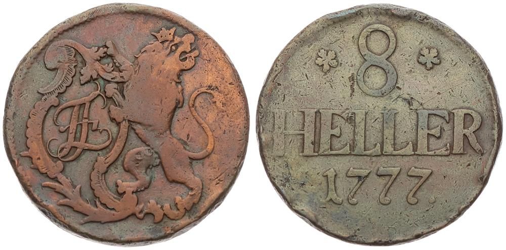  German States, Hessen-Cassel, Friedrich II, 8 Heller Copper 1777, Hessian lion to left, KM 509, Fine   