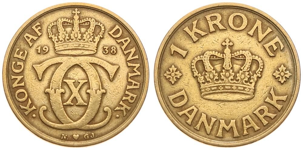  Denmark, Kingdom, Christian X, 1 Krone Aluminum-Bronze 1938, Crowned Monogram, KM 824.2, VF   