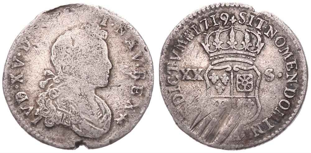 France, Kingdom, Louis XV, 20 Sols (1/6 Ecu) Silver 1719A, Young laureate bust right, KM 440.1 (Pari   