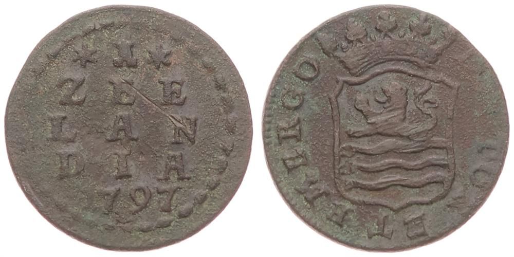  Netherlands, Zeeland Province, 1 Duit Copper 1797/6, Crowned arms of Zeeland, KM 105, SCARCE, A.VF   