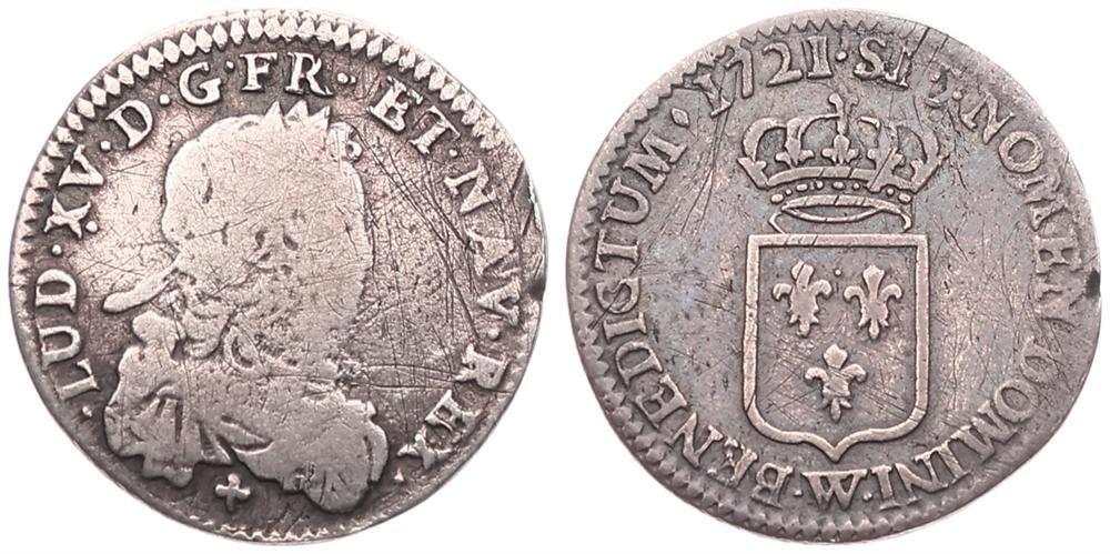  France, Kingdom, Louis XV, 20 Sols (1/6 Ecu) Silver 1721W, Young laureate bust right, KM 454.20 (Lil   