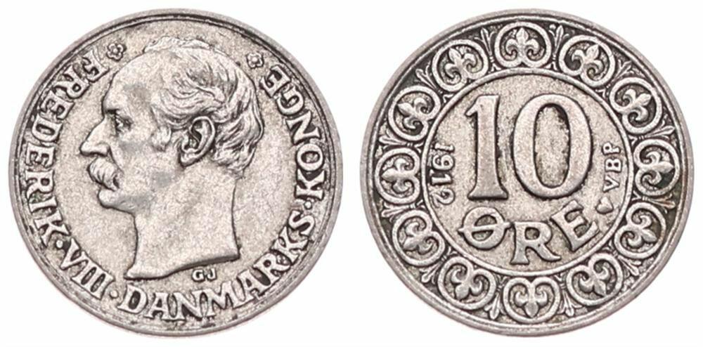  Denmark, Kingdom, Frederik VIII, 10 Ore Silver 1912, Head left, KM 807, VF   