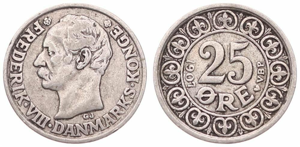  Denmark, Kingdom, Frederik VIII, 25 Ore Silver 1907, Head left, KM 808, VF   