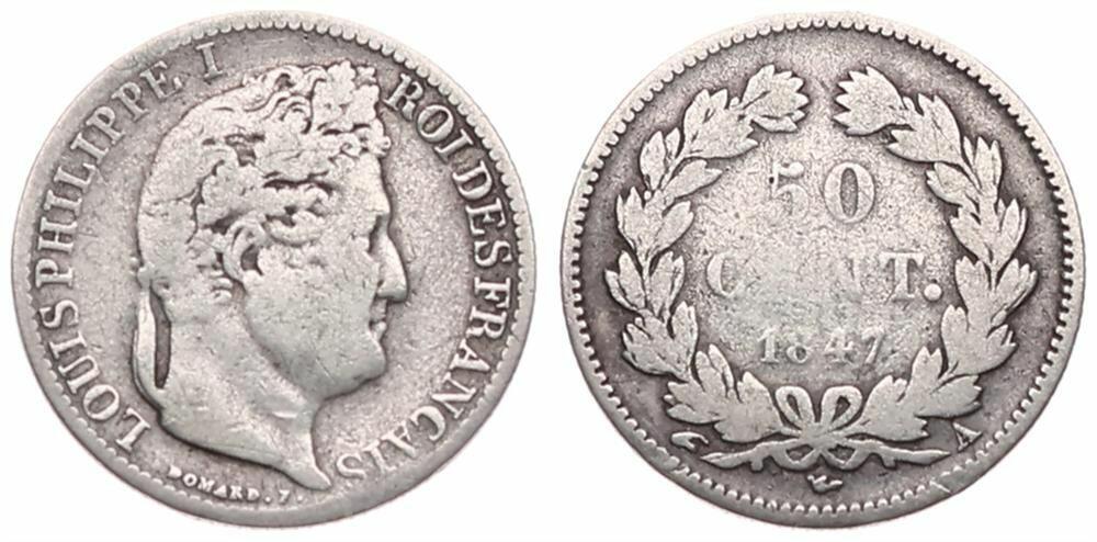  France, Second Kingdom, Louis Philippe I, 50 Centimes Silver 1847A, Laureate head right, KM 768.1 (P   