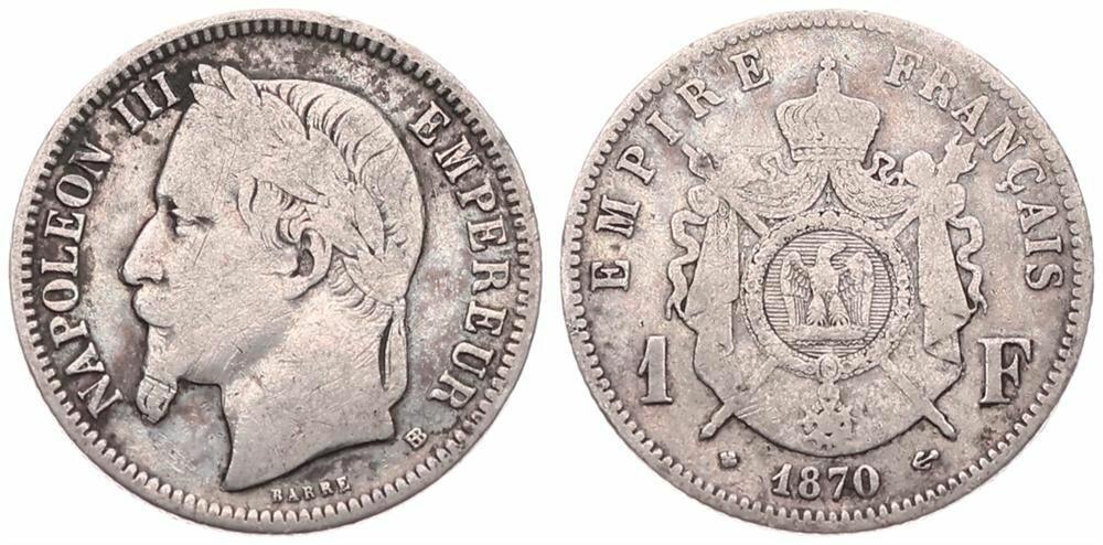  France, Second Empire, Napoleon III, 1 Franc Silver 1870BB, Laureate head left, KM 806.2 (Strasbourg   