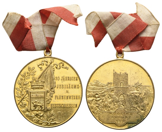  Österreich - Schützenmedaille 1893; vergoldete Bronze, tragbar, 20,40 g; Ø 35,9 mm   