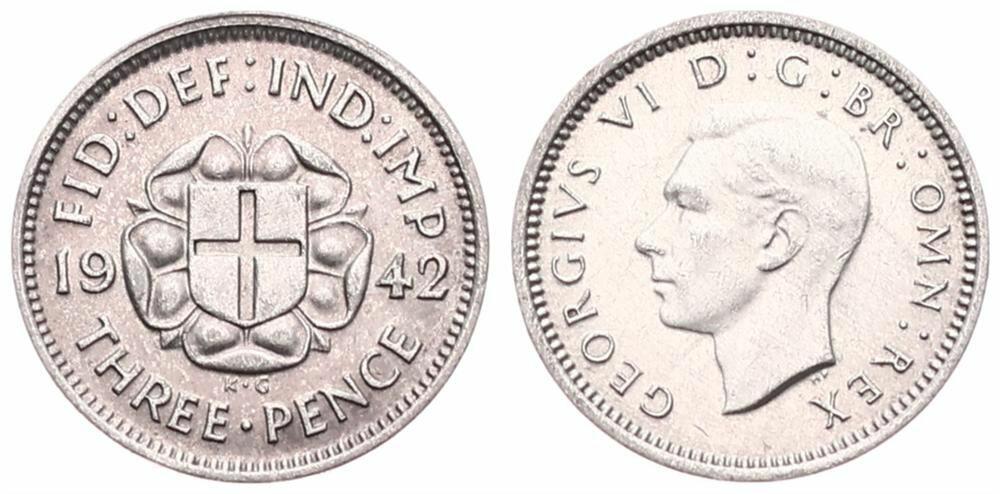  Great Britain, Kingdom, George VI, 3 Pence Silver 1942, Head left, KM 848, A.UNC   