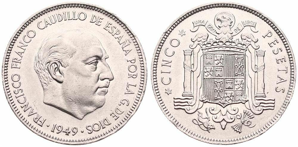  Spain, Kingdom, Franco, 5 Pesetas Nickel 1949 (49), Head right, KM 778, A.UNC   