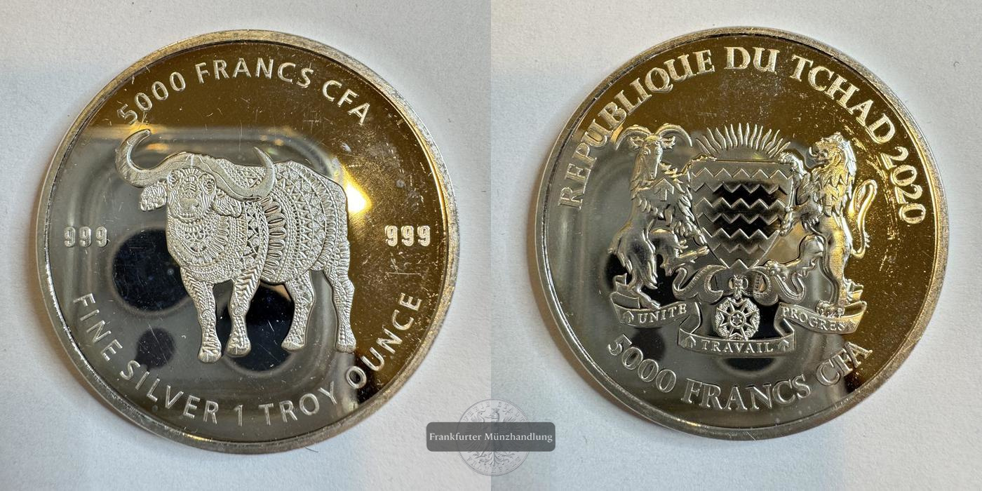  Tchad 5000 Francs CFA (Mandala Buffalo) 2020 FM-Frankfurt KM#94 Feinsilber: 31,1g   