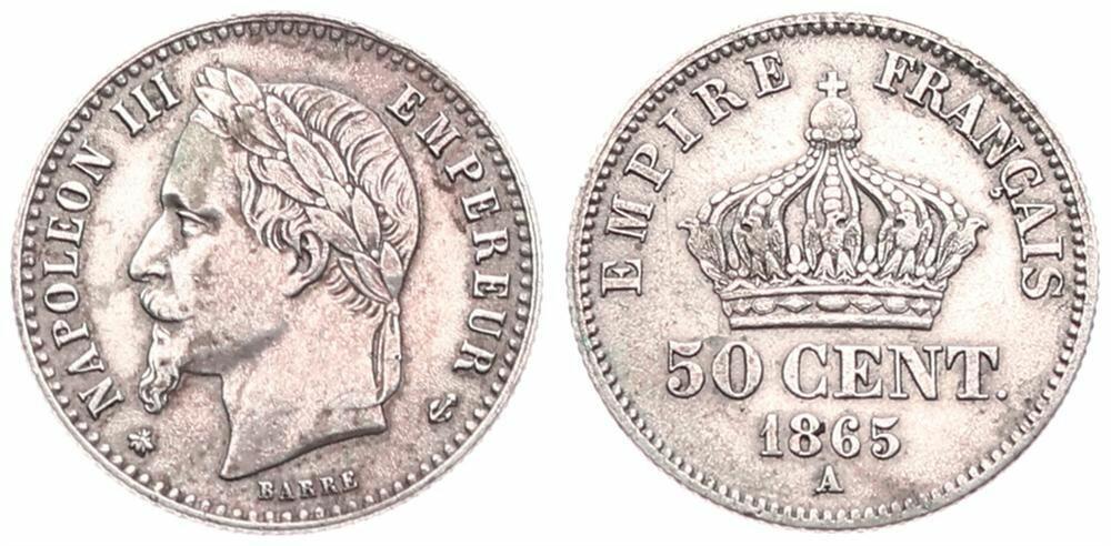  France, Second Empire, Napoleon III, 50 Centimes Silver 1865A, Laureate head left, KM 814.1 (Paris),   