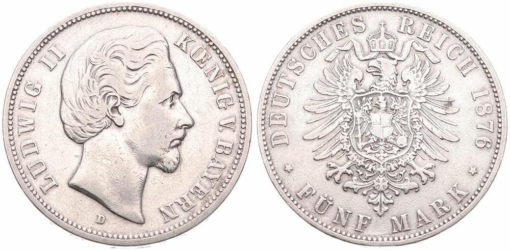 German States, Bavaria, Ludwig II, 5 Mark Silver 1876D, Bearded head right, KM 502, A.VF   