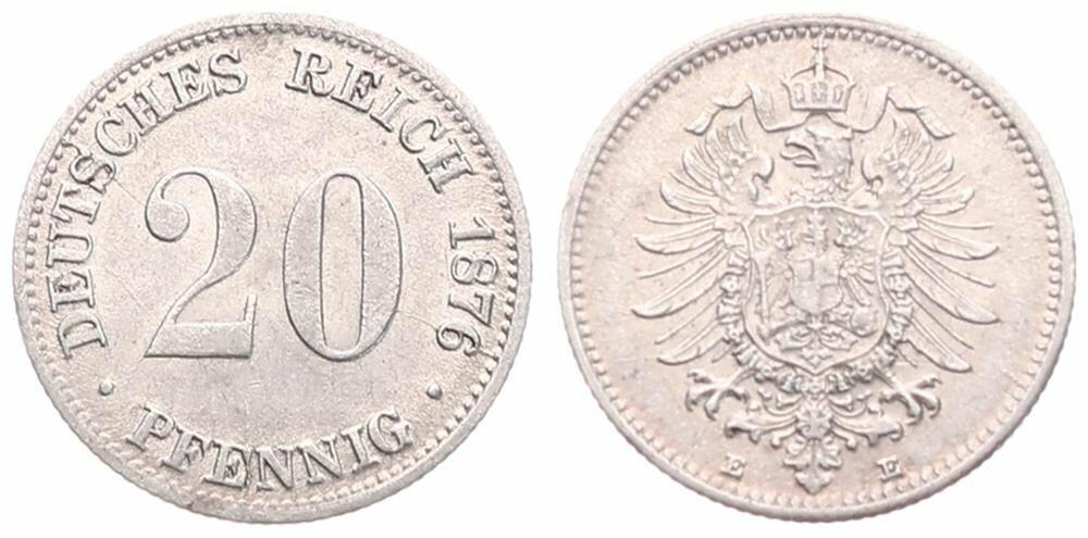  Germany, Empire, Wilhelm I, 20 Pfennig Silver 1876E, Crowned imperial eagle, KM 5, A.UNC   