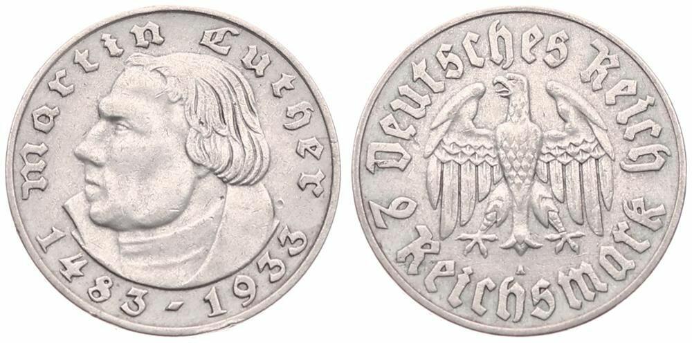  Germany, Third Reich, 2 Reichsmark Silver 1933A, 450th Anniversary of the Birth of Martin Luther, KM   