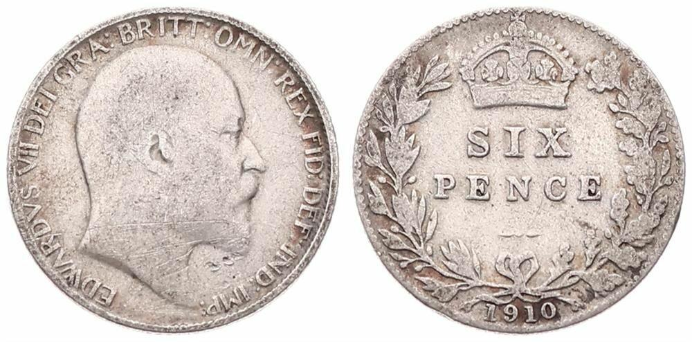  Great Britain, Kingdom, Edward VII, 6 Pence Silver 1910, Head right, KM 799, A.VF   