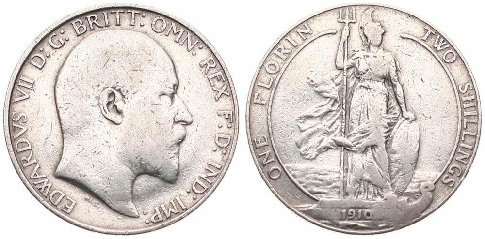  Great Britain, Kingdom, Edward VII, 1 Florin Silver 1910, Head right, KM 801, Fine   