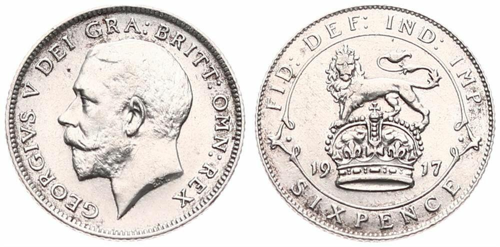  Great Britain, Kingdom, George V, 6 Pence Silver 1917, Head left, KM 815, KEY DATE, XF   