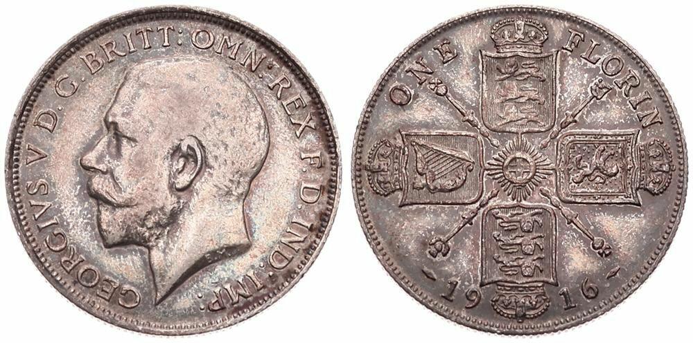  Great Britain, Kingdom, George V, 1 Florin Silver 1916, Head left, KM 817, XF   