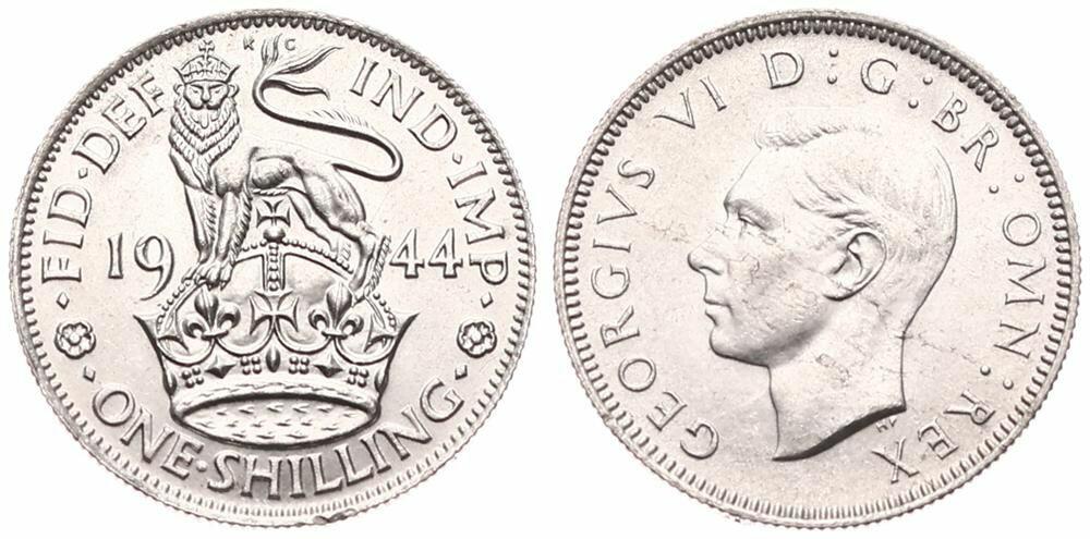  Great Britain, Kingdom, George VI, 1 Shilling Silver 1944, Head left - English Crest, KM 853, UNC   