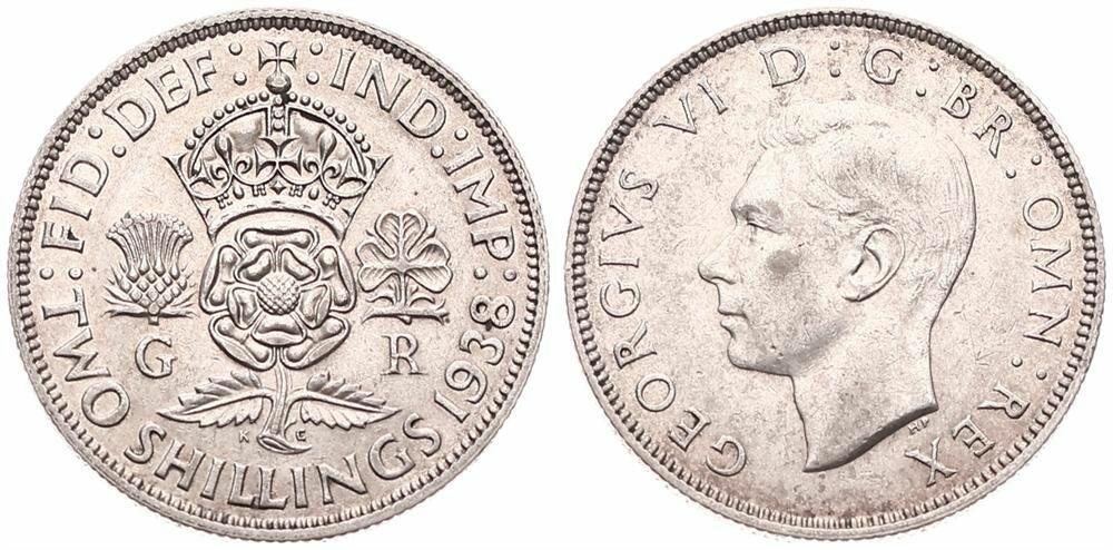  Great Britain, Kingdom, George VI, 1 Florin Silver 1938, Head left, KM 855, KEY DATE, XF   