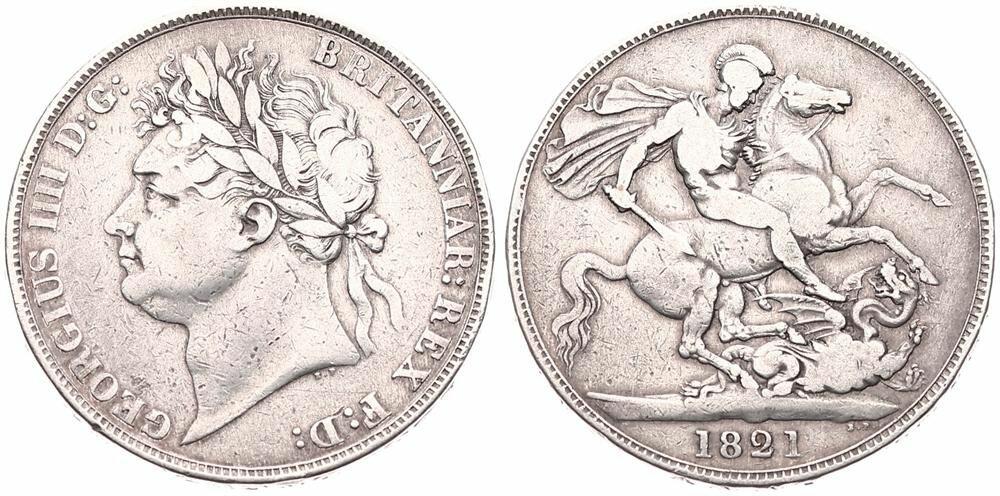 Great Britain, Kingdom, George IV, 1 Crown Silver 1821, Laureate head left, KM 680.1 SECUNDO, Fine   