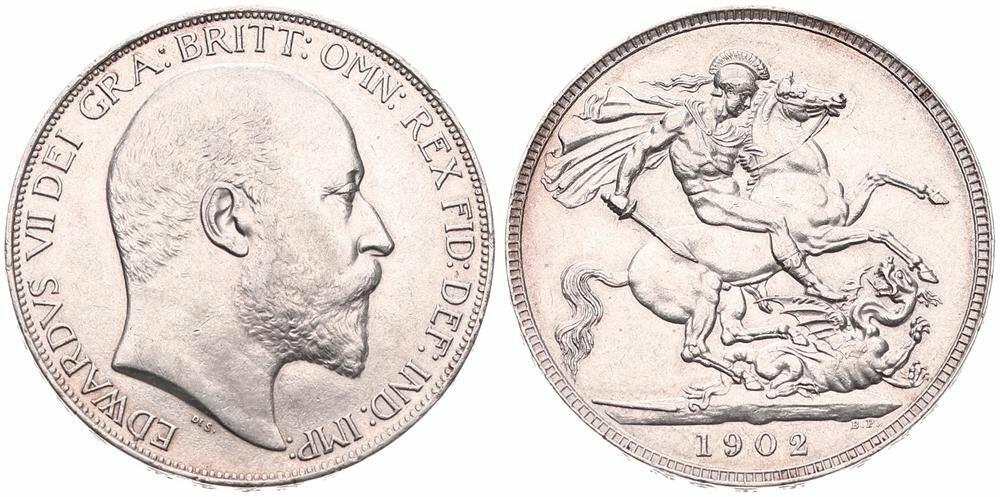  Great Britain, Kingdom, Edward VII, 1 Crown Silver 1902, Head right / St. George slaying the dragon,   