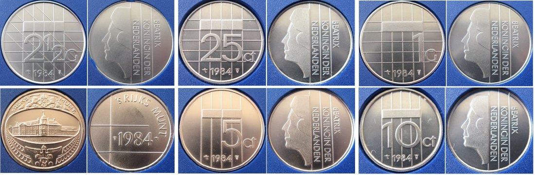  1984, Netherlands, Coin set Utrecht Mint: 5 coins (5 Cent-2,5 Gulden), UNC + mint mark, blister   