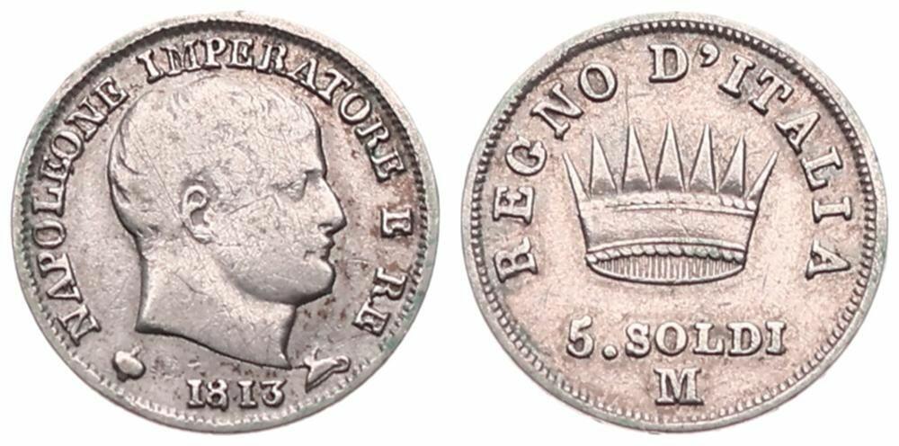  Italian States, Kingdom of Napoleon, Napoleon I, 5 Soldi Silver 1813M, Head right, KM 5.1 (Milan), V   