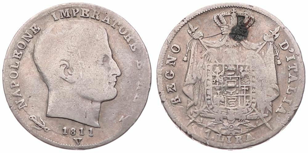  talian States, Kingdom of Napoleon, Napoleon I, 1 Lira Silver 1811V, Head right, KM 8.3 (Venice), RA   
